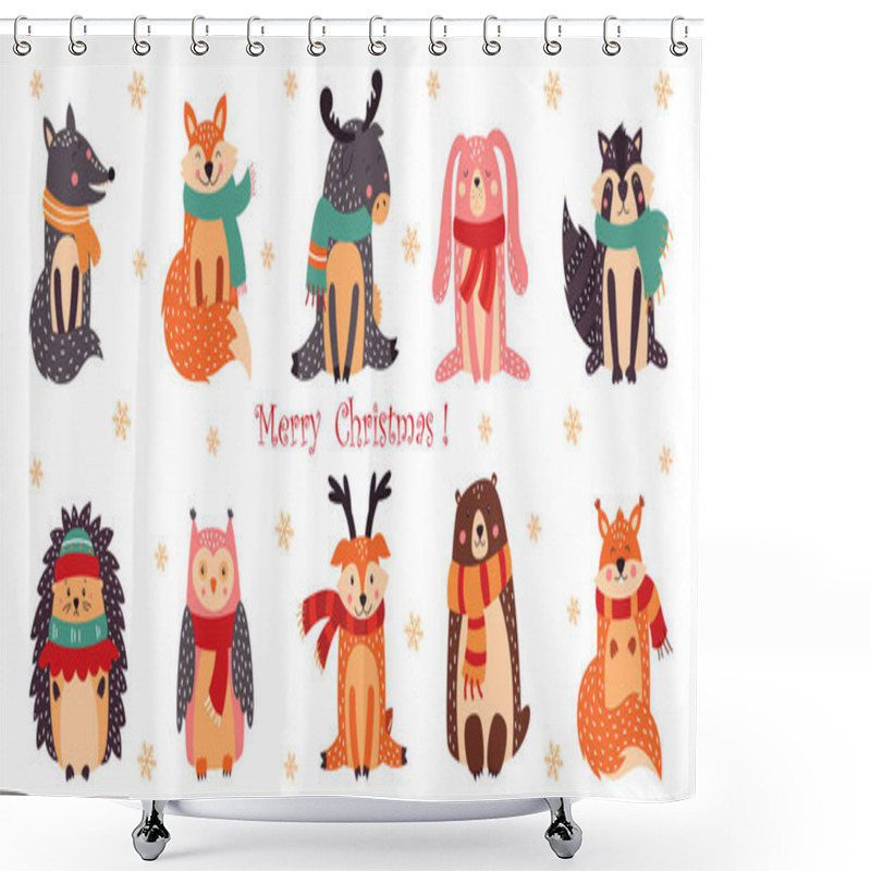 Personality  Set Of Cute Christmas Design Elements With Woodland Animals Shower Curtains