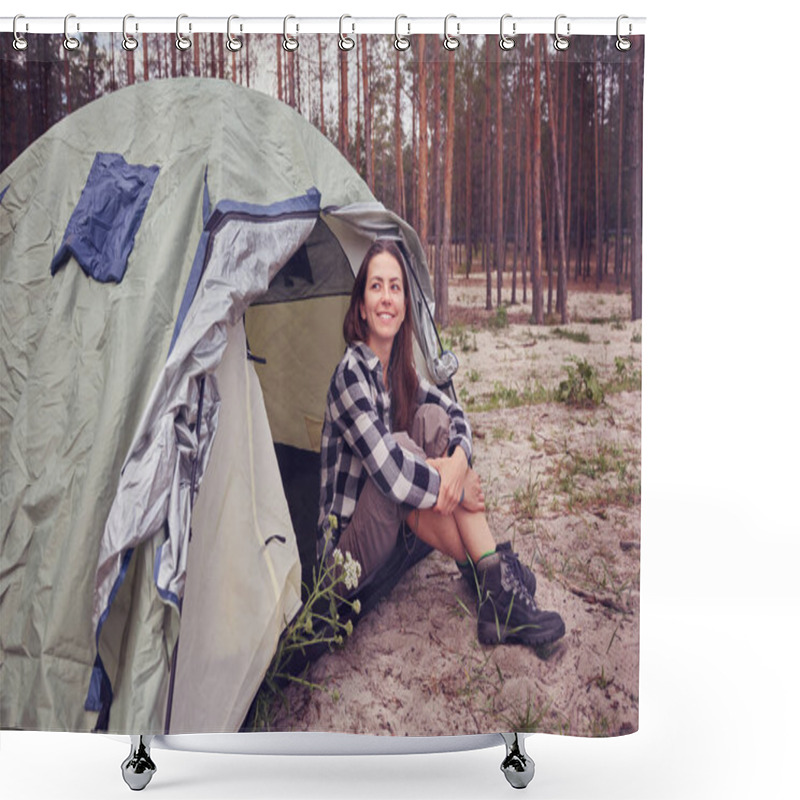 Personality  Girl Hiker In A Tent Mountains In The Background Shower Curtains