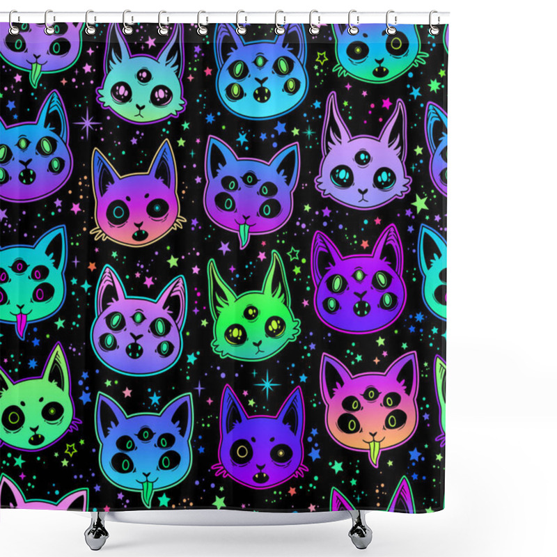 Personality  Cute Cartoon Witchcraft Cat Bright Seamless Shower Curtains