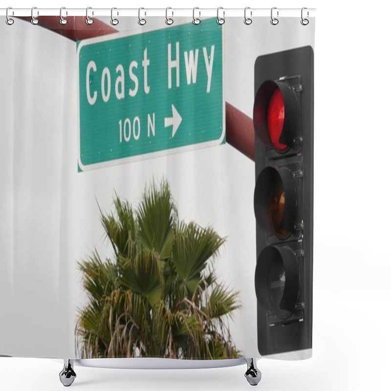 Personality  Pacific Coast Highway, Historic Route 101 Road Sign, Tourist Destination In California USA. Lettering On Intersection Signpost. Symbol Of Summertime Travel Along The Ocean. All-American Scenic Hwy. Shower Curtains