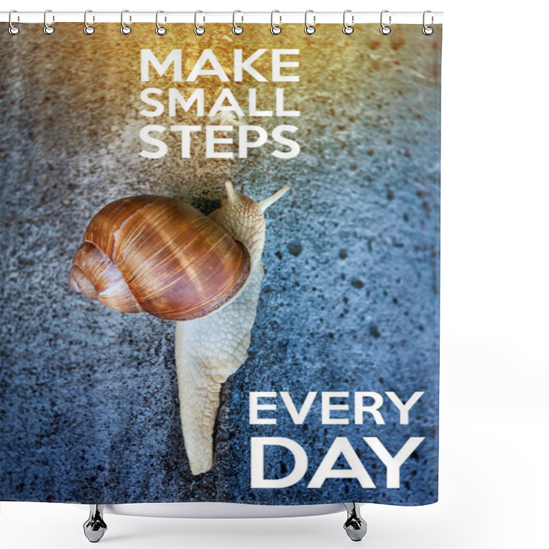 Personality  Inspirational Quote With Words Make Small Steps Every Day. Large Snail Crawling On A Stone Wall. Shower Curtains