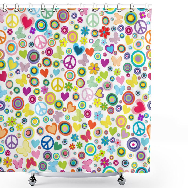 Personality  Flower Power Background Seamless Pattern With Flowers, Peace Sig Shower Curtains