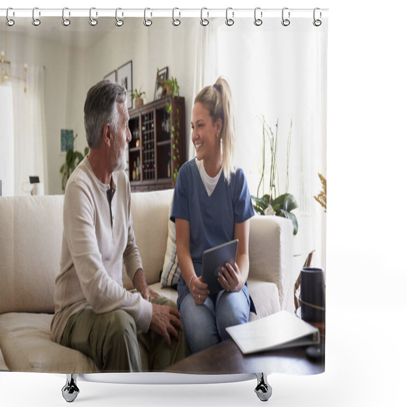 Personality  Female Healthcare Worker Using A Tablet Computer With A Senior Hispanic Man During A Home Visit Shower Curtains