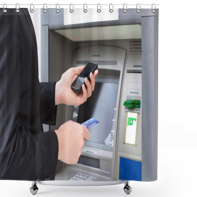 Personality  Businessman Standing Near The ATM And Holding A Credit Card And Shower Curtains