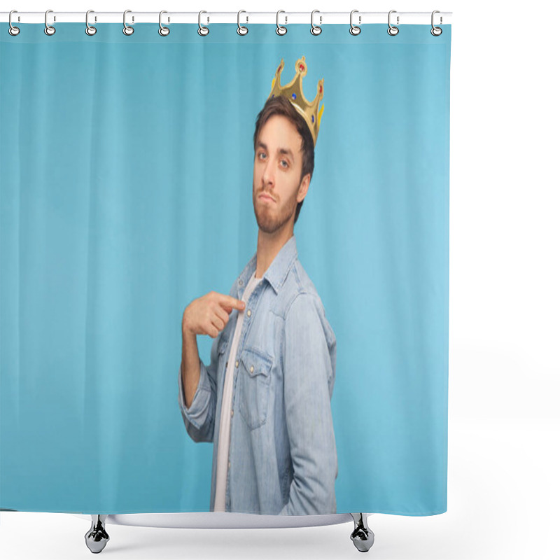 Personality  I'm King! Portrait Of Ambitious Man Wearing Golden Crown And Pointing Himself, Looking With Arrogance, Declaring His Authority, Superior Privileged Status. Studio Shot Isolated On Blue Background Shower Curtains