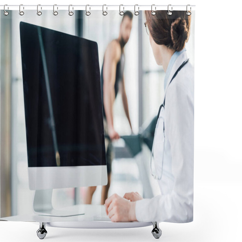 Personality  Selective Focus Of Doctor Sitting Near Computer With Blank Screen In Gym Shower Curtains