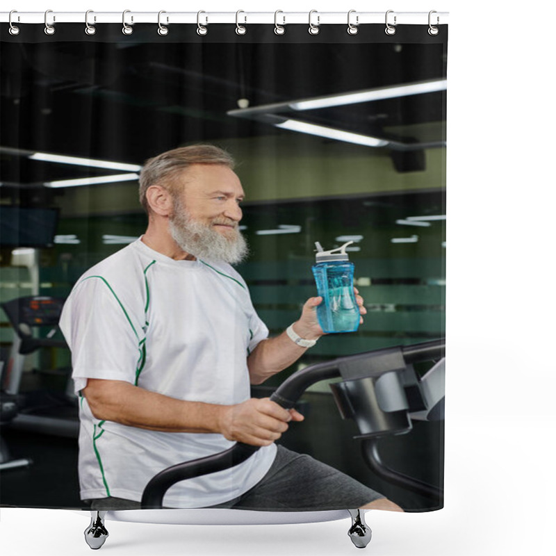 Personality  Happy Senior And Bearded Man Holding Sports Bottle With Water And Looking Away, Sport, Gym, Work Out Shower Curtains