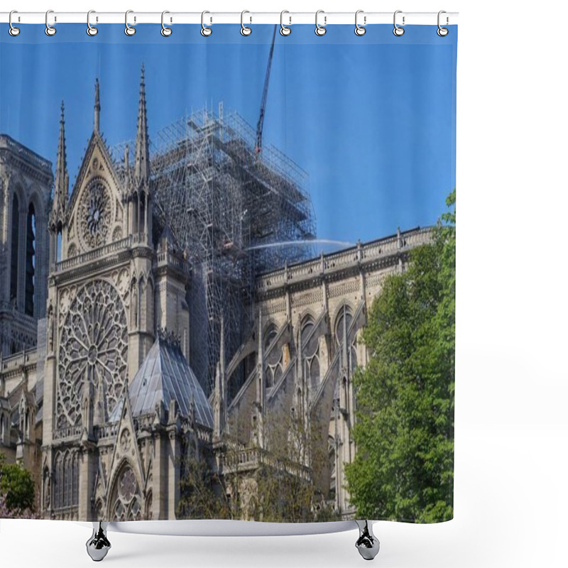 Personality  Paris, France - April 17, 2019: Restoration Of The Cathedral Notre Dame In Paris After A Massive Fire Ravaged A Part Of It Shower Curtains