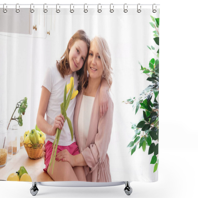 Personality  Portrait Of Happy Mother And Daughter Embracing At Home Shower Curtains