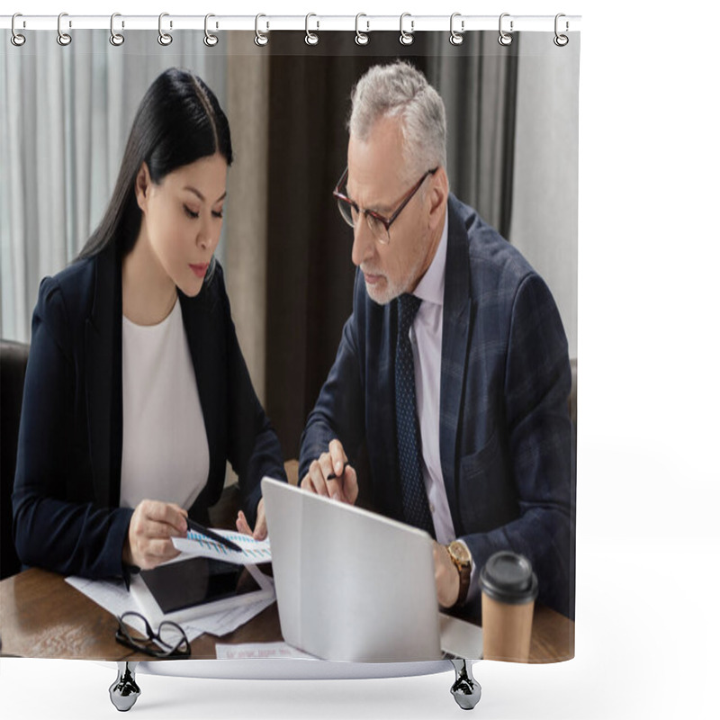 Personality  Businessman And Asian Businesswoman Talking And Looking At Paper During Business Meeting  Shower Curtains