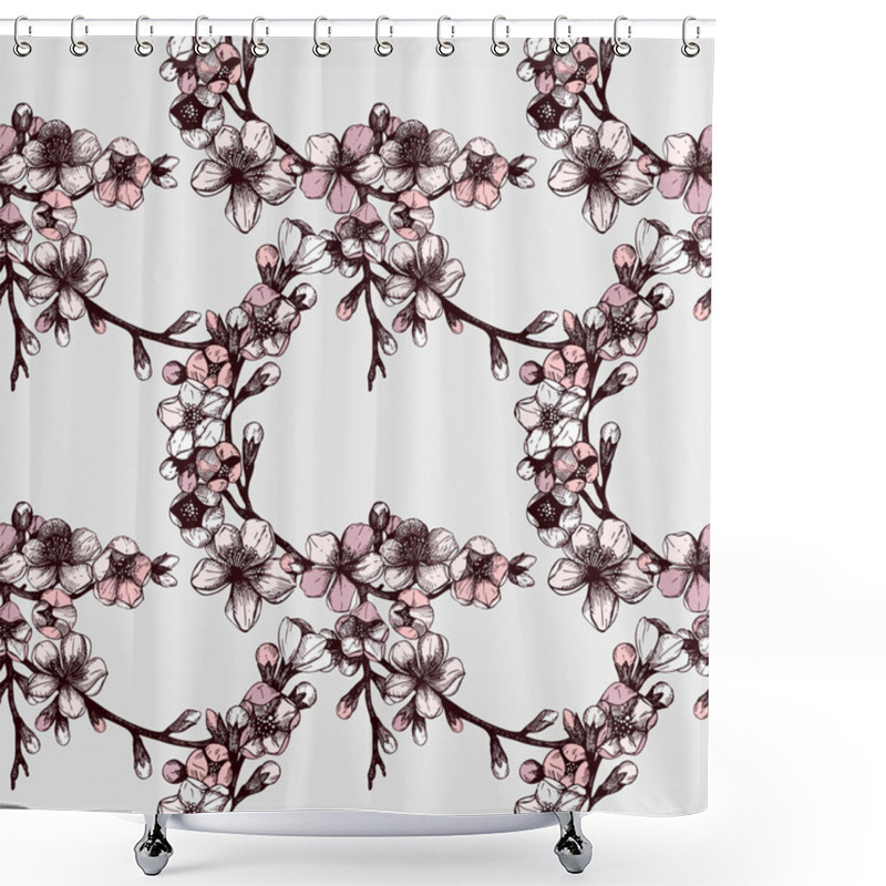 Personality  Seamless Pattern With Hand Drawn Blooming Fruit Tree Twig Shower Curtains