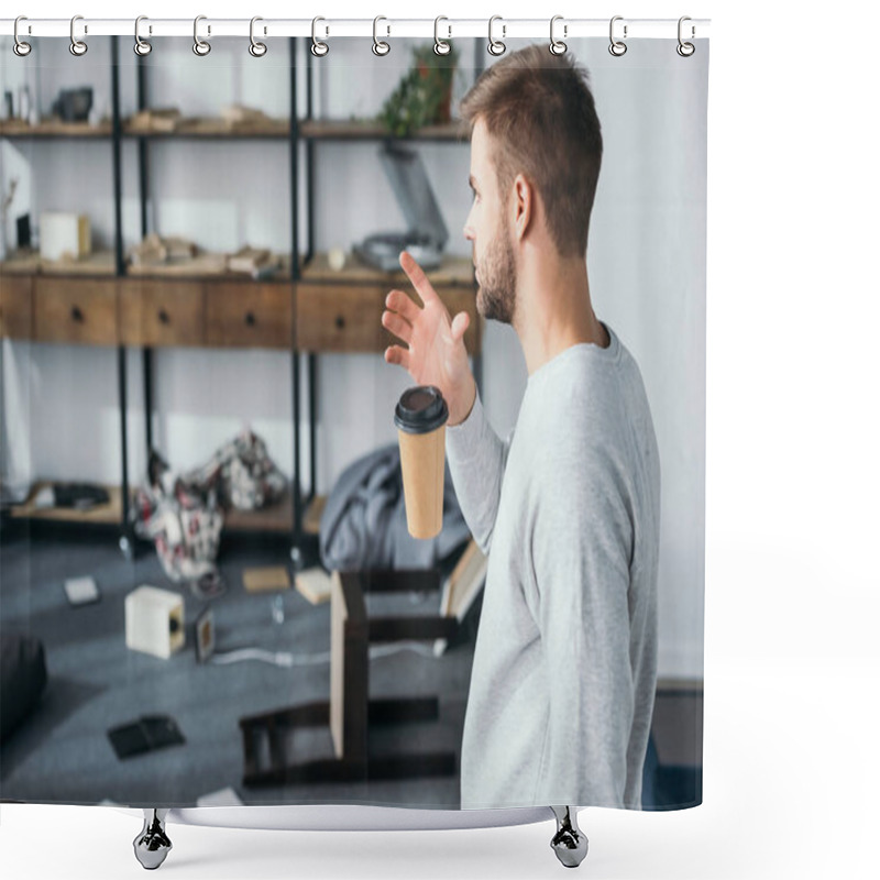 Personality  Side View Of Shocked Man Dropping Paper Cup And Looking At Robbed Apartment  Shower Curtains