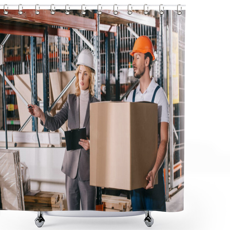 Personality  Businesswoman In Helmet Pointing With Hand While Standing Near Loader Holding Cardboard Box Shower Curtains