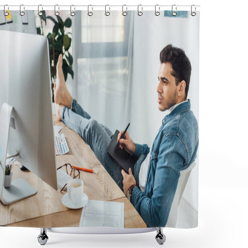 Personality  Selective Focus Of Ux Designer Using Graphics Tablet And Computer While Working On Project At Table In Office  Shower Curtains