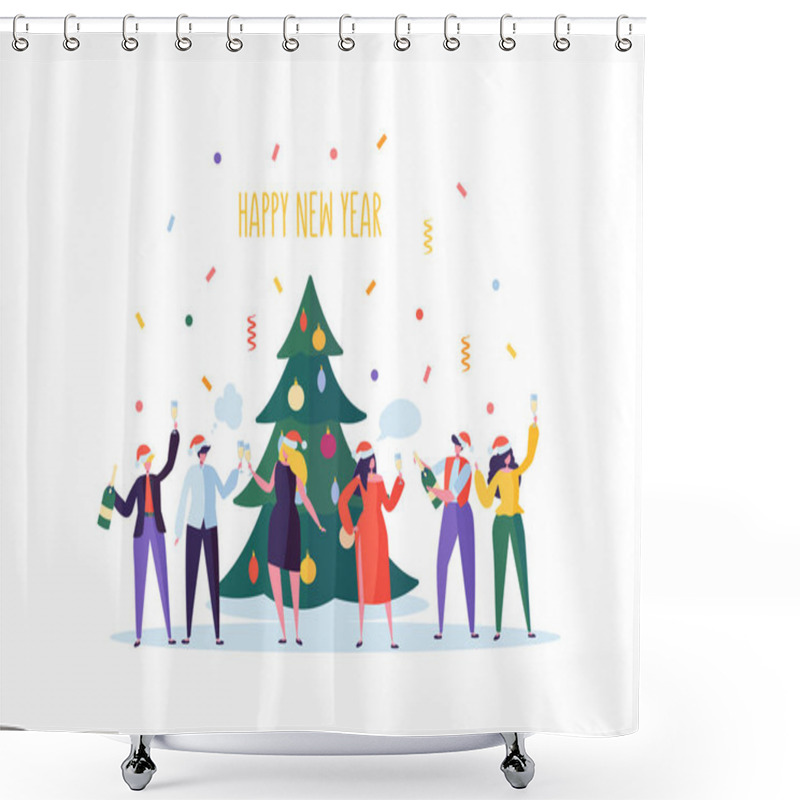 Personality  Business People Celebrating New Year Party. Flat Characters In Santa Hat Toasting Champagne. Christmas Eve With Cartoons, Tree And Confetti. Vector Illustration Shower Curtains