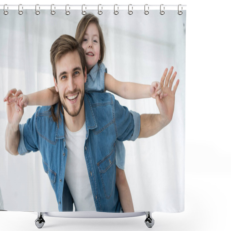 Personality  Happy Loving Family. Father And His Daughter Child Girl Playing Together. Fathers Day Concept Shower Curtains