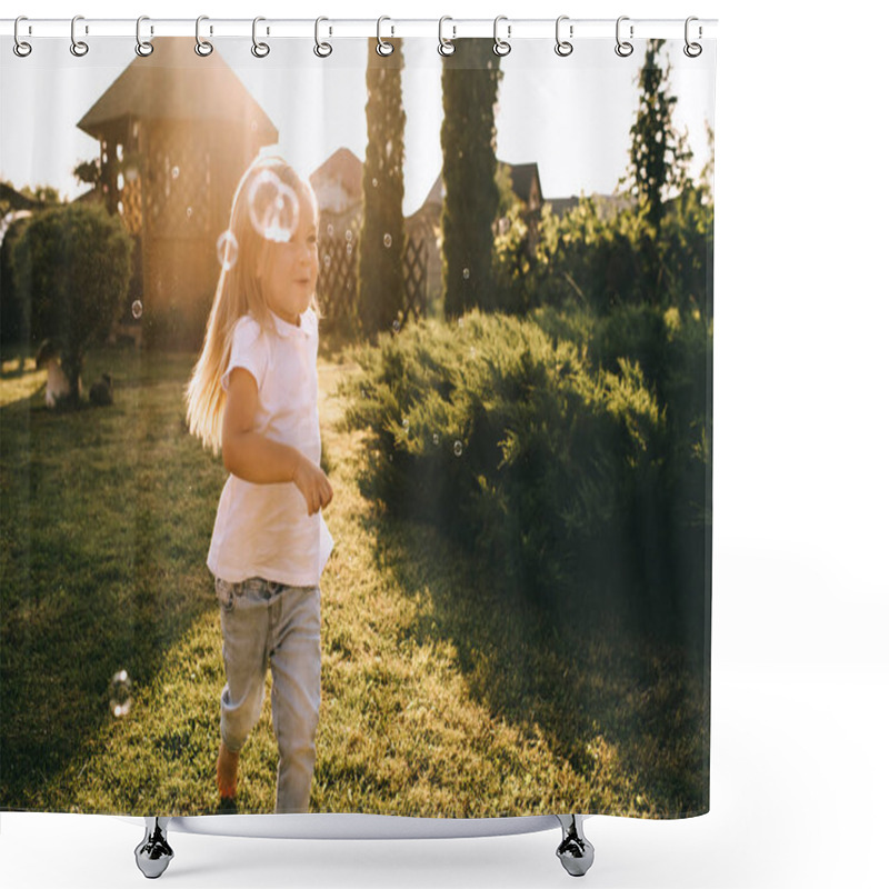 Personality  Little Kid Having Fun With Soap Bubbles On Backyard Shower Curtains