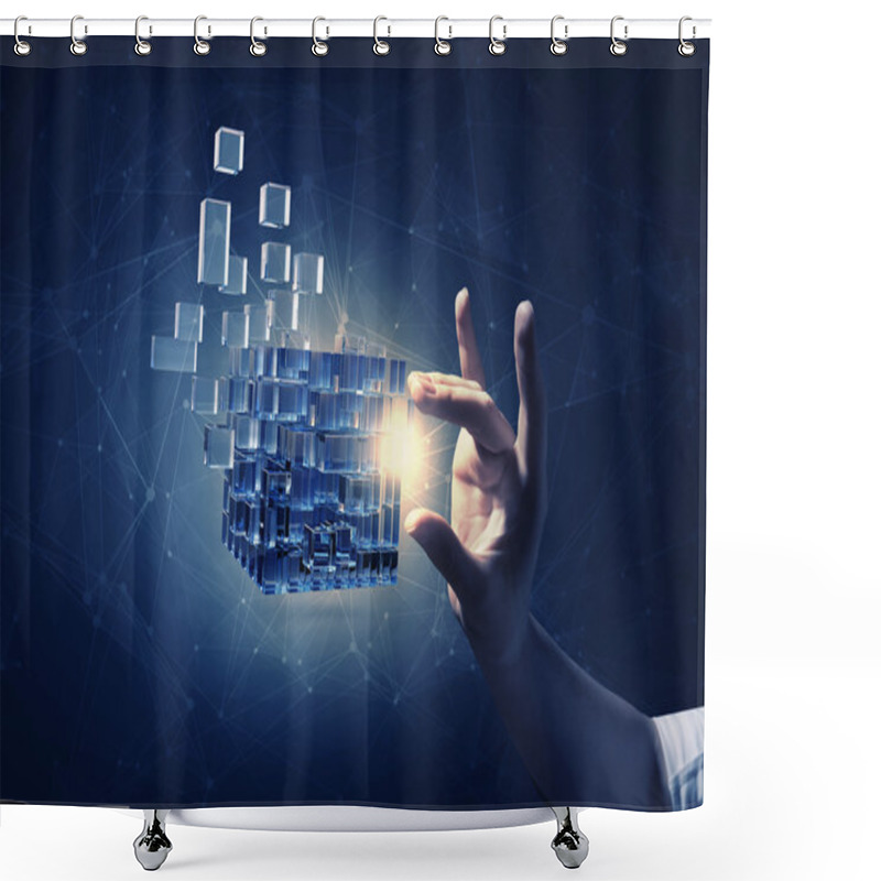 Personality  Cube In Female Hand . Mixed Media Shower Curtains