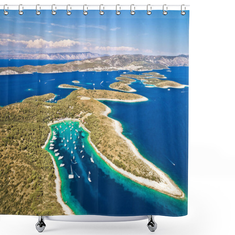 Personality  Aerial Panoramic View Of Palmizana, Sailing Cove And Turquoise Beach On Pakleni Otoci Islands, Archipelago Of Hvar In Croatia Shower Curtains