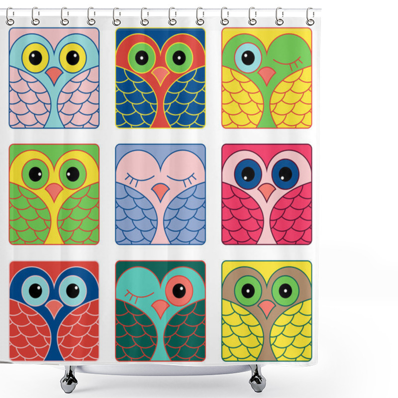 Personality  Nine Funny Owl Faces In Square Shapes Shower Curtains