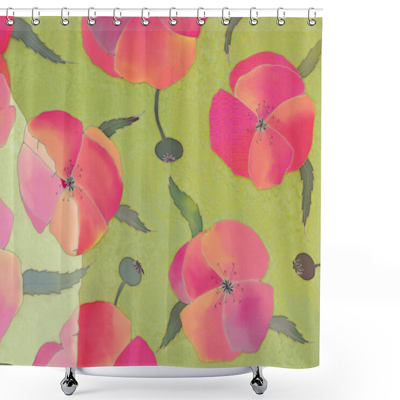 Personality  Red Poppies On Green Background Shower Curtains