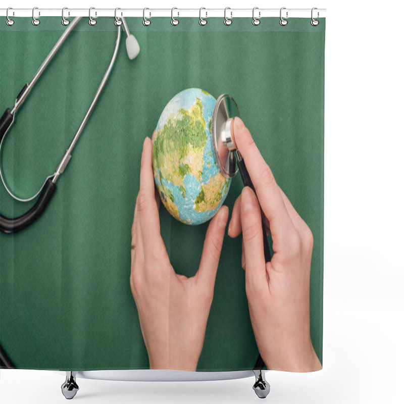 Personality  Partial View Of Woman Holding Toy Earth And Stethoscope On Green Background  Shower Curtains