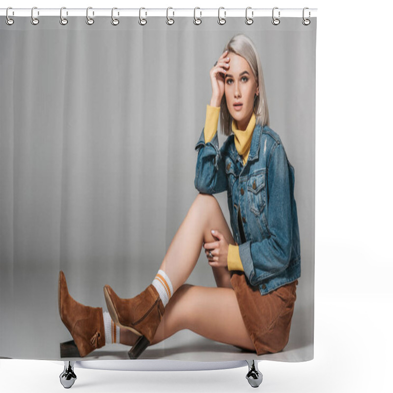 Personality  Beautiful Model In Trendy Corduroy Skirt And Jeans Jacket Sitting On Floor, On Grey Shower Curtains