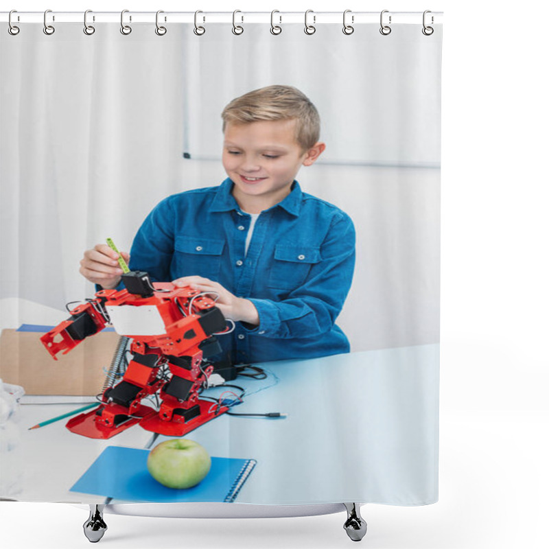 Personality  Happy Schoolboy Working On Handmade Robot Model During STEM Lesson   Shower Curtains