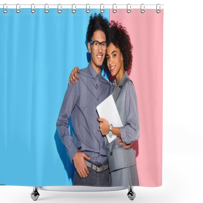 Personality  Young African Amercian Businesswoman Holding Tablet And Hugging Stylish Businessman On Pink And Blue Background  Shower Curtains