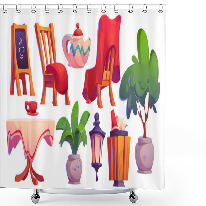 Personality  Restaurant Outside Furniture And Elements. Cartoon Exterior Cafeteria Terrace Objects. Street Or Park Cafe Table And Chairs With Plaid, Chalkboard And Plants In Pot, Lantern And Teapot, Trash Can. Shower Curtains