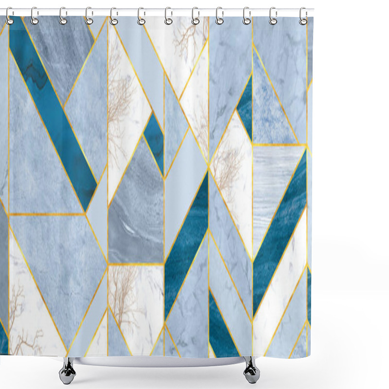 Personality  Tile Background In Blue And Gray Marble Tiles With Golden Lines And Trees Shower Curtains