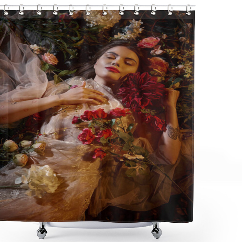 Personality  Top View, Sensual Young Woman In Romantic Transparent Dress Lying Among Beautiful Flowers Shower Curtains