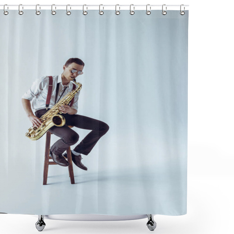 Personality  Handsome Young Jazzman Sitting On Stool And Playing Saxophone On Grey  Shower Curtains