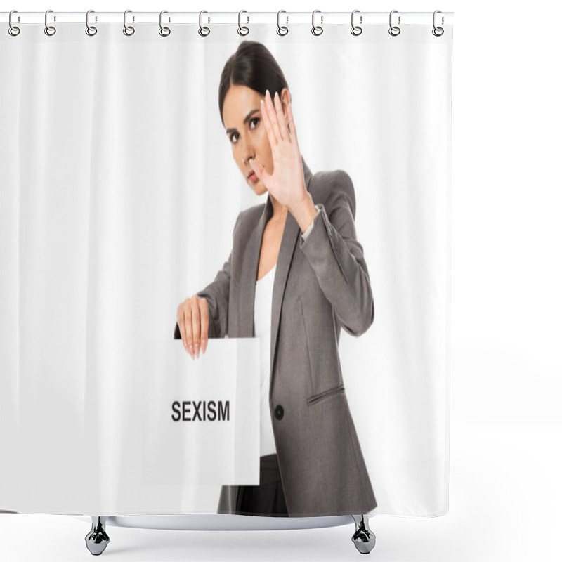 Personality  Businesswoman Showing Stop Sign While Holding Placard With Sexism Lettering Isolated On White Shower Curtains