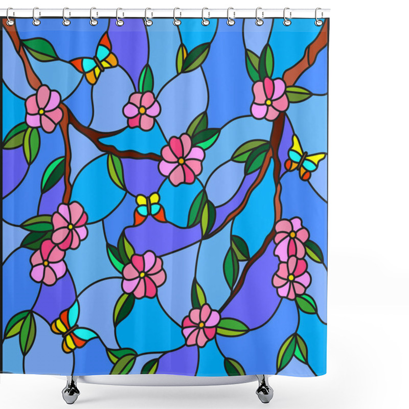 Personality  Illustration In Stained Glass Style With Abstract Cherry Blossoms And Butterflies On A Sky Background Shower Curtains