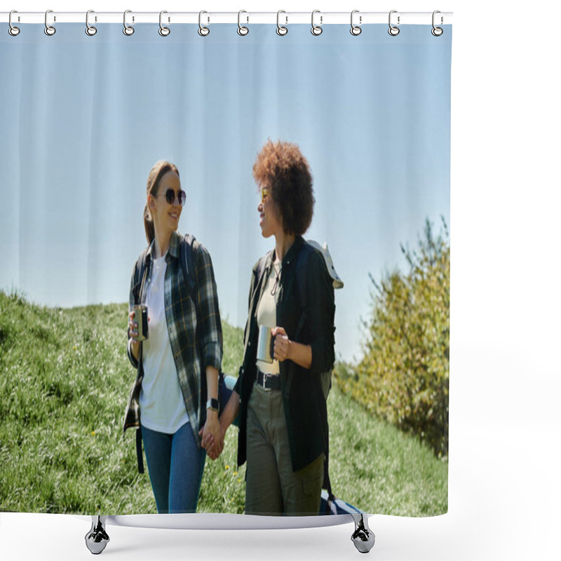 Personality  Two Young Women, A Lesbian Couple, Are Hiking Together On A Sunny Day. They Are Smiling And Holding Hands, Enjoying Their Time In The Wilderness. Shower Curtains