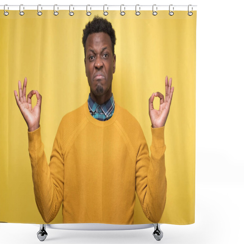 Personality  Studio Portrait Of African Young Handsome Man In Meditation Pose, Trying To Relax Or Calm Down In Zen, But He Is Feeling Very Angry. Yoga Technic Does Not Work. Shower Curtains