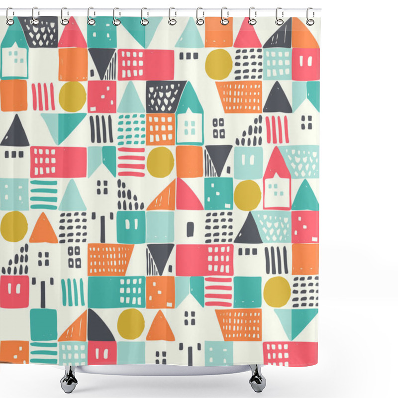 Personality  Geometric Houses And Hand Drawn Textured Shapes Seamless Pattern. Abstract Home Background In Childish Style. Vector Illustration For Backgrounds, Wallpaper, Textile, Fabric, Surface Design Shower Curtains