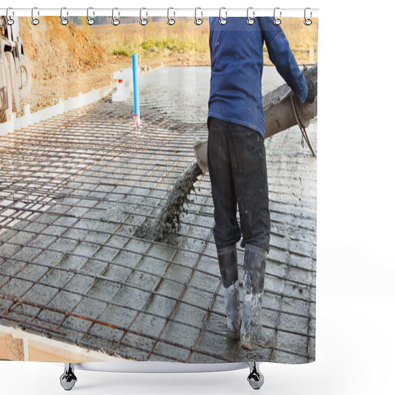 Personality  Closeup Shot Of Concrete Casting On Reinforcing Metal Bars Of Floor In Industrial Construction Site Shower Curtains