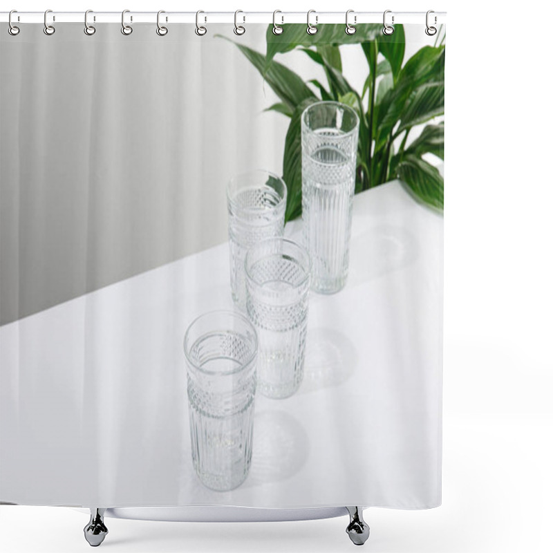 Personality  Faceted Glasses Of Fresh Water On White Table Near Green Peace Lily Plant Shower Curtains