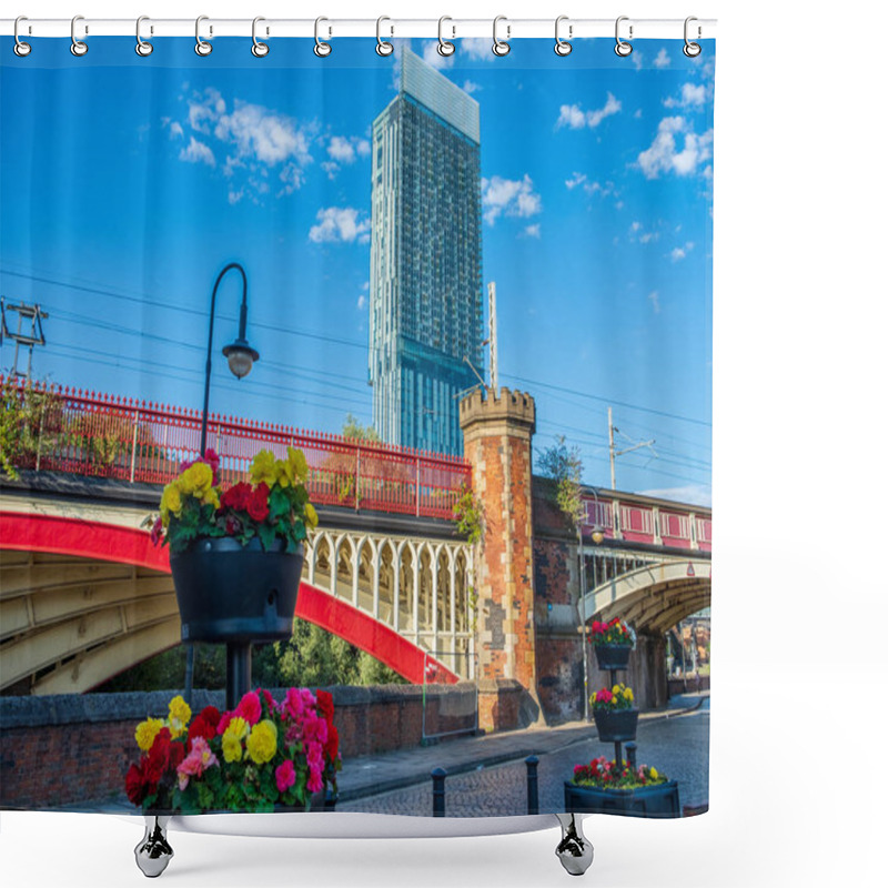 Personality  Manchester, United Kingdom - July 22, 2018: Castlefield And The Beetham Tower In Manchester. Classical Buildings Of The Industrial Revolution Are Gradually Being Replaced By Modern Construction Shower Curtains