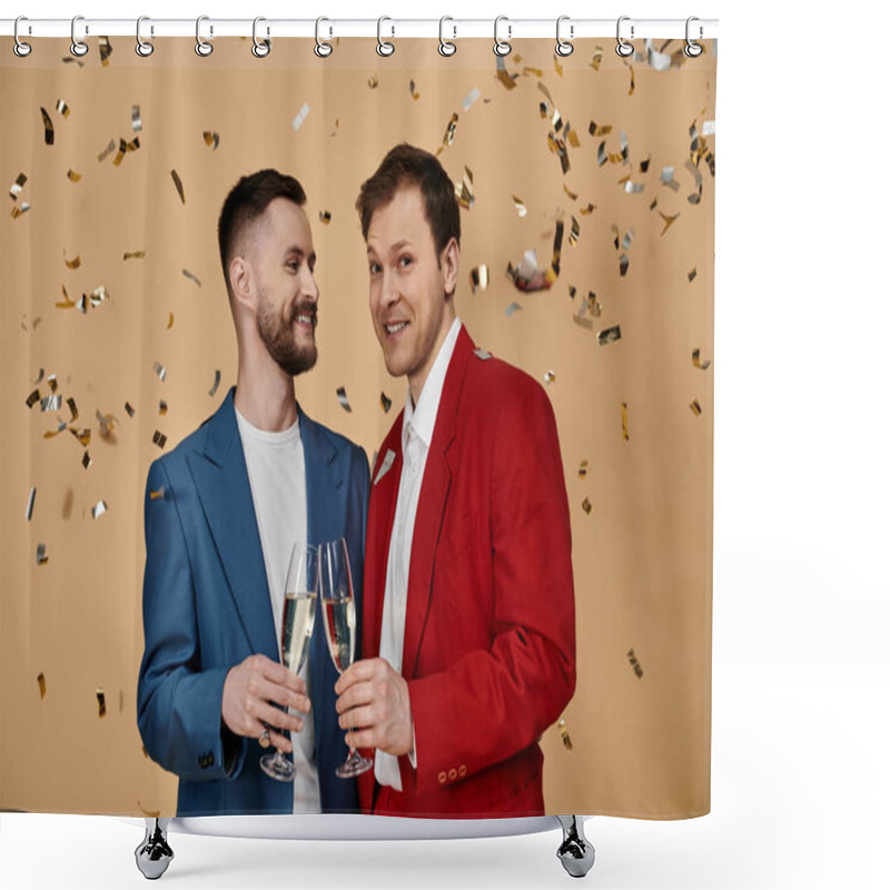 Personality  Two Men In Suits Celebrate With Champagne And Confetti. Shower Curtains