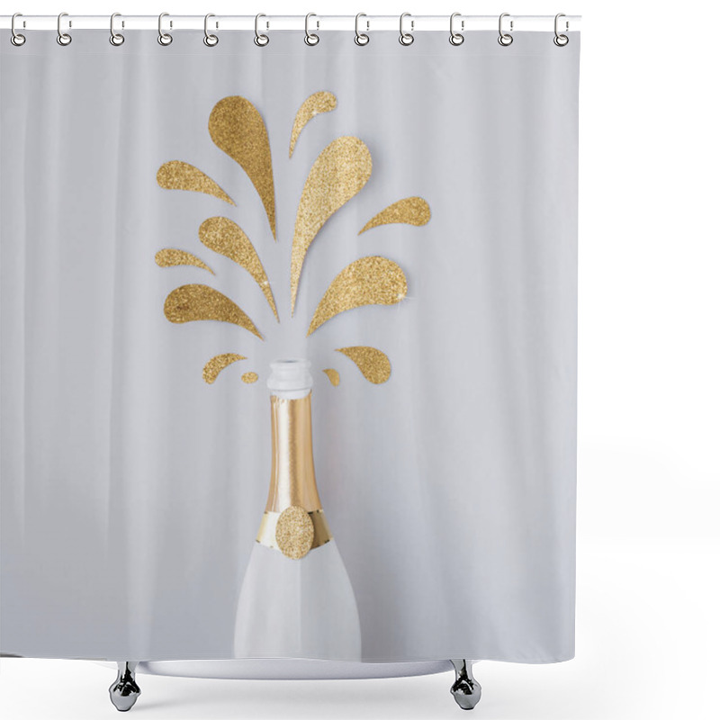 Personality  Contemporary Layout Made With  Champagne Bottle With Golden Glittering Splashes On White Background. Trendy Composition On White Background. Minimal Party Concept. Creative Art Minimal Aesthetic. Shower Curtains