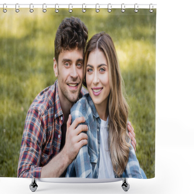 Personality  Man Touching Woman And Looking At Camera In Park  Shower Curtains