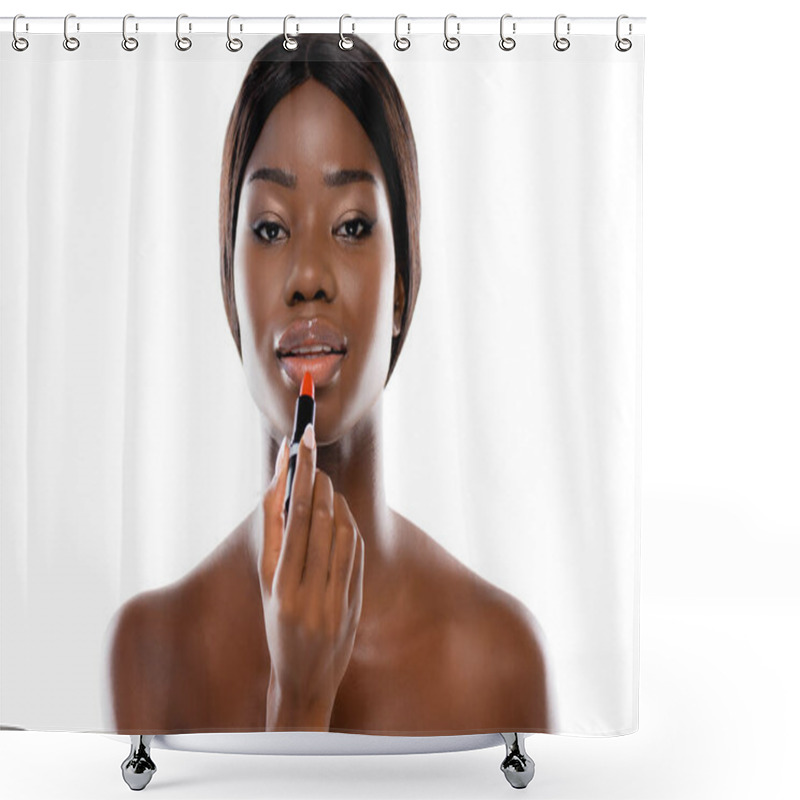 Personality  African American Naked Woman Applying Lipstick Isolated On White Shower Curtains