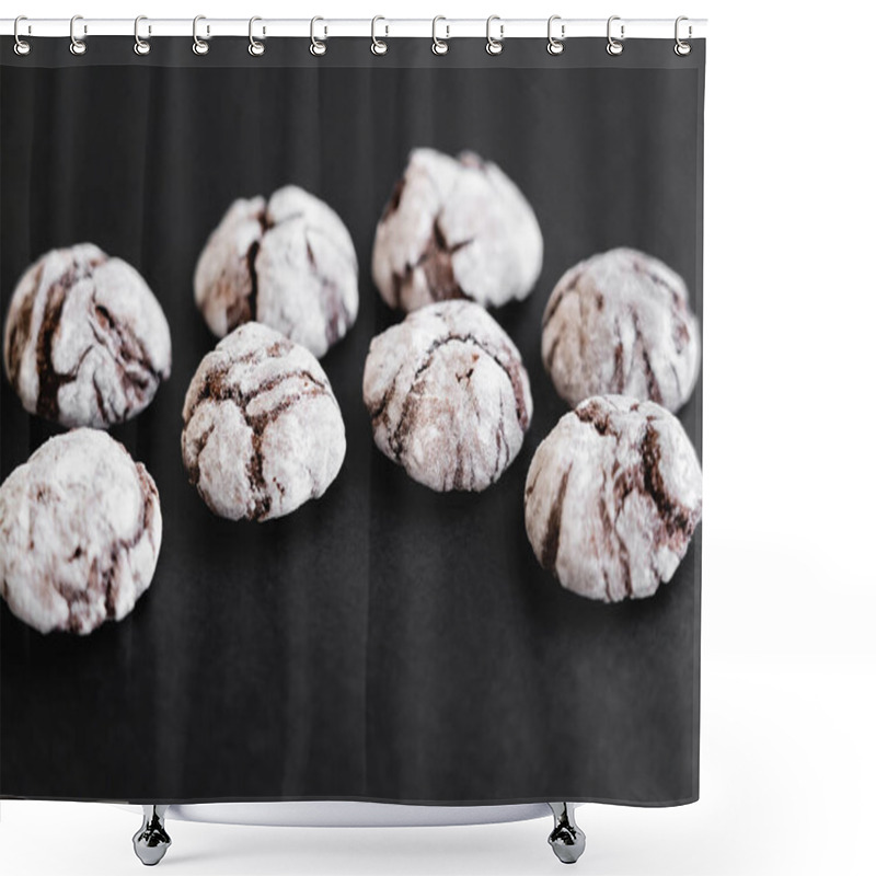 Personality  Close Up View Of Biscuits With Powdered Sugar On Black Surface  Shower Curtains