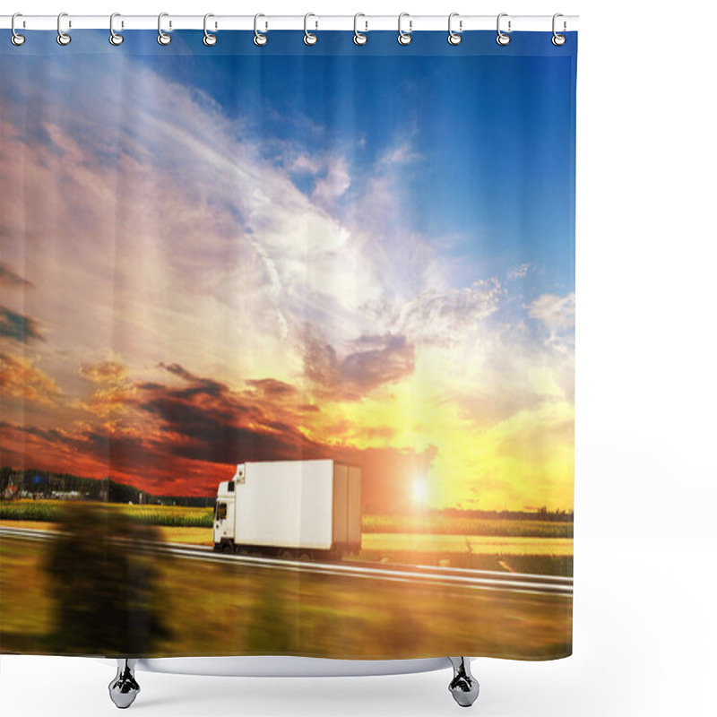 Personality  White Box Truck Driving Fast On Countryside Road Against Sky With Sunset Shower Curtains