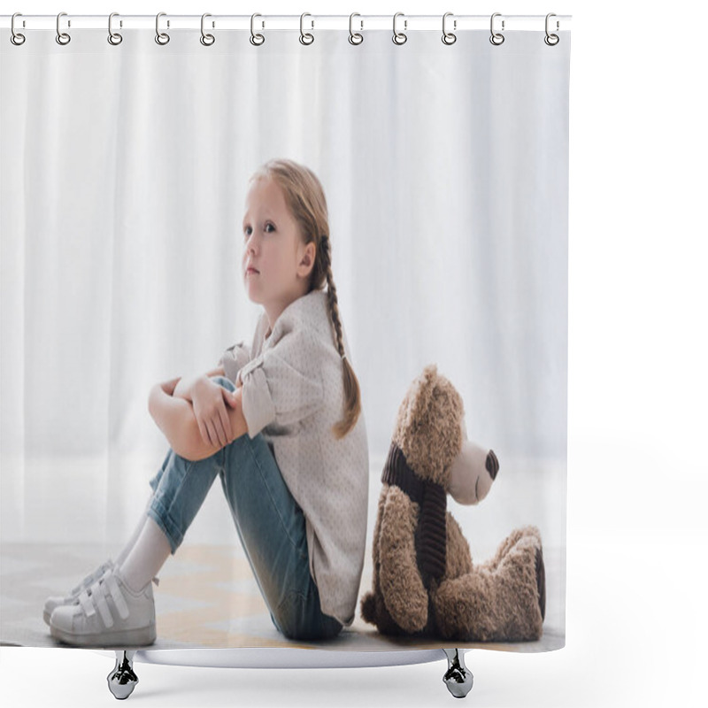 Personality  Side View Of Depressed Little Child Sitting On Floor Back To Back With Teddy Bear Shower Curtains