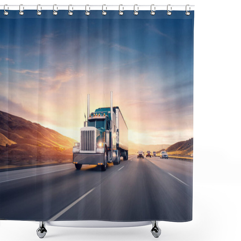 Personality  American Style Truck On Freeway Pulling Load. Transportation Theme. Road Cars Theme. Shower Curtains