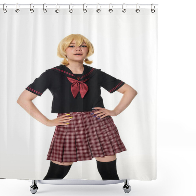 Personality  Confident Woman In Yellow Blonde Wig And School Uniform With Hands On Hips On White, Cosplay Concept Shower Curtains